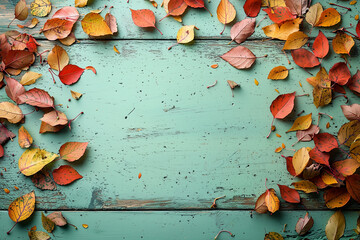 Wall Mural - Autumn Leaves on Rustic Wooden Background