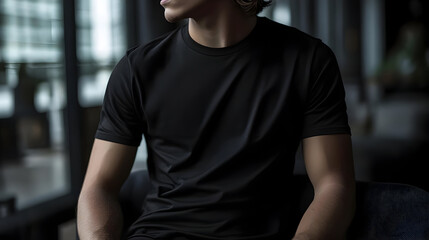 Sticker - A young man in a black t-shirt sits thoughtfully in a modern, well-lit interior.