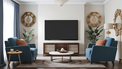 Home living room interior armchairs and tv screen with decoration, mockup frame created with generative ai.