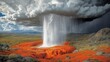 © Ross - Dramatic meteorological phenomenon with intense rainfall over vibrant red terrain, showcasing nature's powerful and breathtaking occurrences
