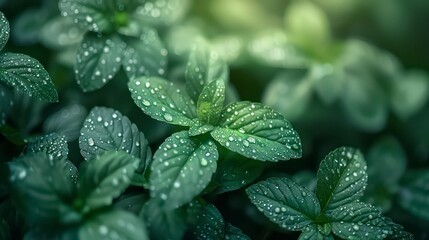 A vibrant green garden filled with fresh herbs and leaves, showcasing the beauty of nature in springtime with closeup shots of lush foliage.