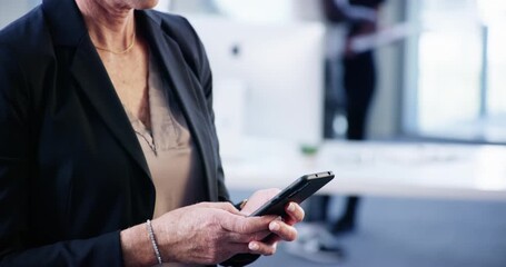 Poster - Business woman, hands and typing on smartphone for online app, digital news and social network in busy office. Closeup, worker and scroll for mobile contact, reading notification or search multimedia