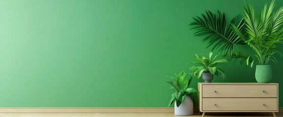 Green Interior With Dresser, Lounge Chair, Plants, 3D Render