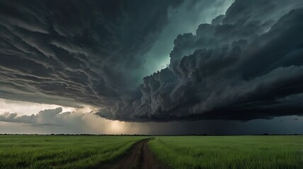 Wall Mural - Stormy mighty weather landscape view full of clouds in horizon grassland