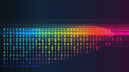 Colorful binary code illustration with rainbow gradient on a dark background, digital technology and programming concepts.