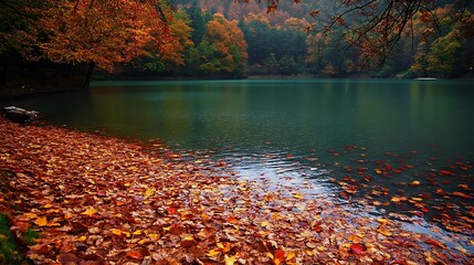 Poster - Autumnal Lake Landscape with Fallen Leaves