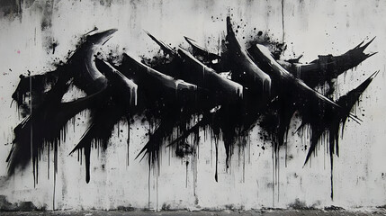 Canvas Print - Abstract black graffiti art on a textured wall with drips.