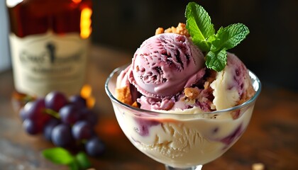 A delicious bowl of strawberry ice cream dotted with chocolate beans and mint leaves is mouth-watering.