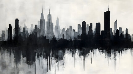 Poster - Abstract city skyline in monochrome with a reflective surface.