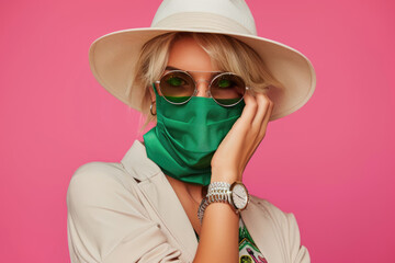 Canvas Print - an elegant woman with short blonde hair, wearing pink glasses and a green face mask covering her mouth and nose