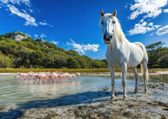 Wall Mural - Majestic White Horse Standing in Shallow Water with Flamingos and Forest Background Under a Clear Blue Sky in a Scenic Landscape