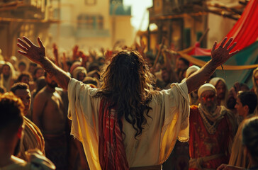 Jesus with his arms outstretched in the middle of crowd