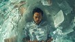 © akarawit - A man sinks below the surface, enveloped by splashing water and scattered documents, portraying a powerful depiction of overwhelm and introspection amidst chaos.