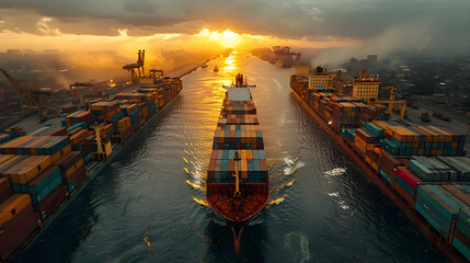 Cargo Ship Sailing Through Canal at Sunset - Photo