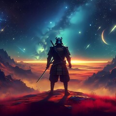 a high-resolution wallpaper depicting a samurai standing on an alien planet under a starry sky