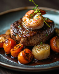 A luxurious plate of grilled beef steak paired with grilled shrimp