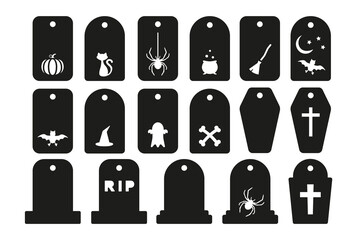 Set of Halloween gift tags, name card, discount label shapes. Vector templates for cutting. Craft paper or cardboard labels cut files