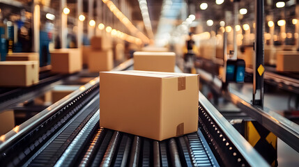 Wall Mural - Boxes moving along a conveyor belt in a warehouse setting.