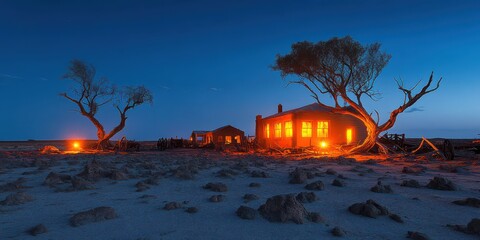 Wall Mural - Nighttime view of illuminated rustic house in vast barren desert landscape with silhouetted trees under deep blue twilight sky