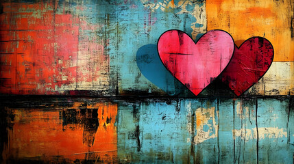 Colorful abstract artwork featuring two hearts on a textured background.