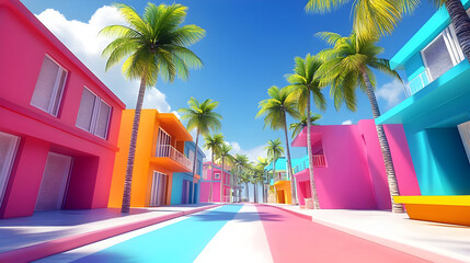 Wall Mural - Colorful street scene with palm trees and vibrant buildings.