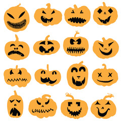 Wall Mural - Happy Halloween carving templates of pumpkin heads with faces and emotions. Collection of Halloween pumpkins silhouettes for carve and design decorations. Scary funny Jack O Lantern faces cut. Vector.