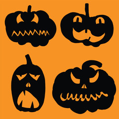 Wall Mural - Pumpkin heads for Halloween emotions faces and spooky horror set. Halloween character design and pumpkins funny faces for carving and cut outs. Autumn holidays. Carved faces silhouettes. Vector.