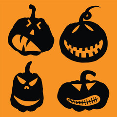 Wall Mural - Pumpkin heads for Halloween emotions faces and spooky horror set. Halloween character design and pumpkins funny faces for carving and cut outs. Autumn holidays. Carved faces silhouettes. Vector.