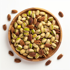 Top view, wooden plate containing a lot of pistachios, walnuts, pecan nuts, bright light, white background 