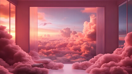 Poster - Dreamy clouds fill a serene room with a stunning sunset view.