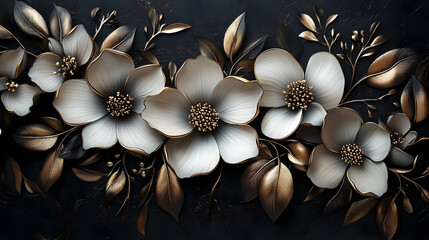 Poster - Elegant floral design in gold and white tones on a dark background.