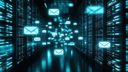 Wall Mural - glowing blue email icons floating in futuristic server room tech concept