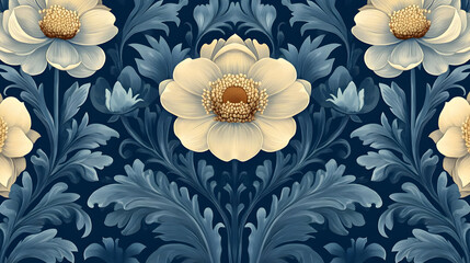 Wall Mural - Floral pattern featuring large cream-colored flowers and intricate leaves on a dark blue background.