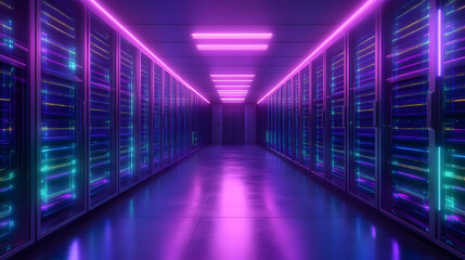 Wall Mural - Futuristic data center with glowing lights and server racks.