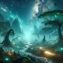 a high-definition wallpaper of an alien jungle under a starry sky