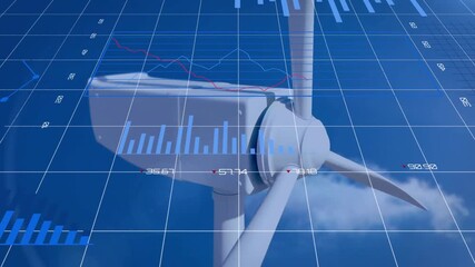 Poster - Wind turbine with financial data charts animation over blue sky background