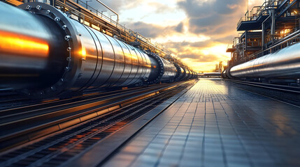 Wall Mural - Industrial scene with pipelines and sunset lighting.