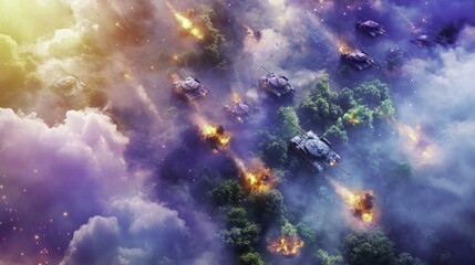 Wall Mural - Aerial View of Tanks in Battle, Smoke and Fire