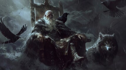 god odin sitting on a throne with ravens