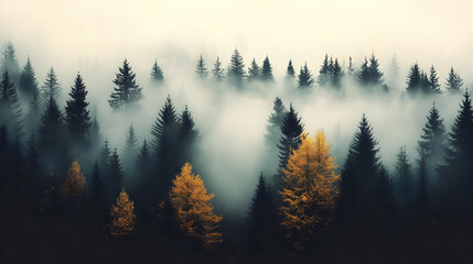 Canvas Print - Misty forest with evergreen trees and a touch of autumn colors.