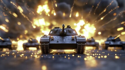 Wall Mural - Military Tank Battle Scene with Explosions and Smoke