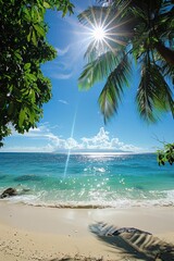 A picturesque beach with bright blue sea, under the sunshine. A single palm tree adds a touch of tropical paradise to the scene.