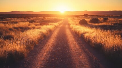 Wall Mural - golden hour in the australian outback sunkissed grasslands meet dusty road