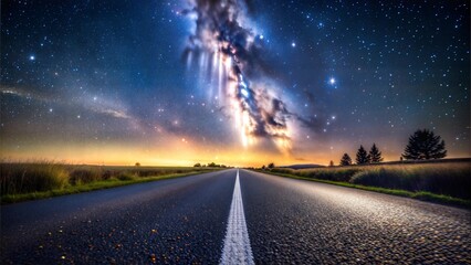 realistic photo, bottom view, paved road stretching into the distance, against the background of space, starry sky