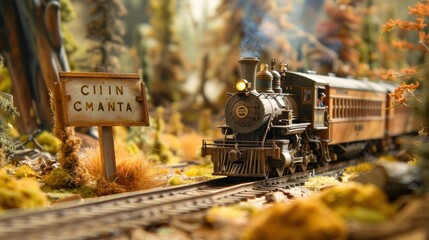 Miniature steam train traveling through a forest.