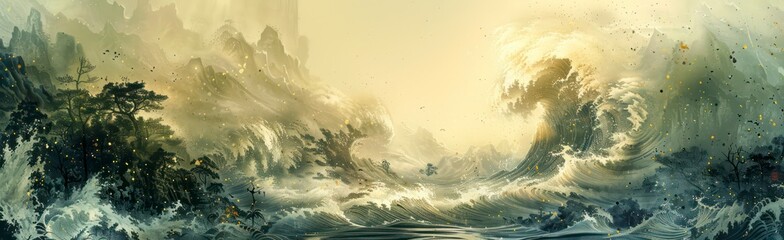 A large wave crashes into a tranquil lake, blending futuristic cityscapes with subtle ink landscape styles for a unique visual effect.