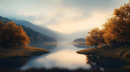 Wall Mural - Serene landscape with mountains, trees, and a calm river at sunset.