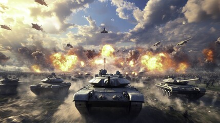 Wall Mural - Military Tanks Battle Under Dramatic Sky