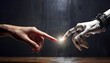 © Khawla - Robot hand making contact with human hand on dark background 3D rendering