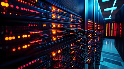 Sticker - Server racks illuminated with lights in a data center.